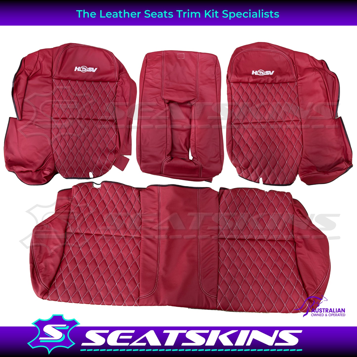 LEATHER SEATS TRIM KIT FOR 5 SEATER HSV COULSON RED LEATHER WHITE DIAMOND STITCH