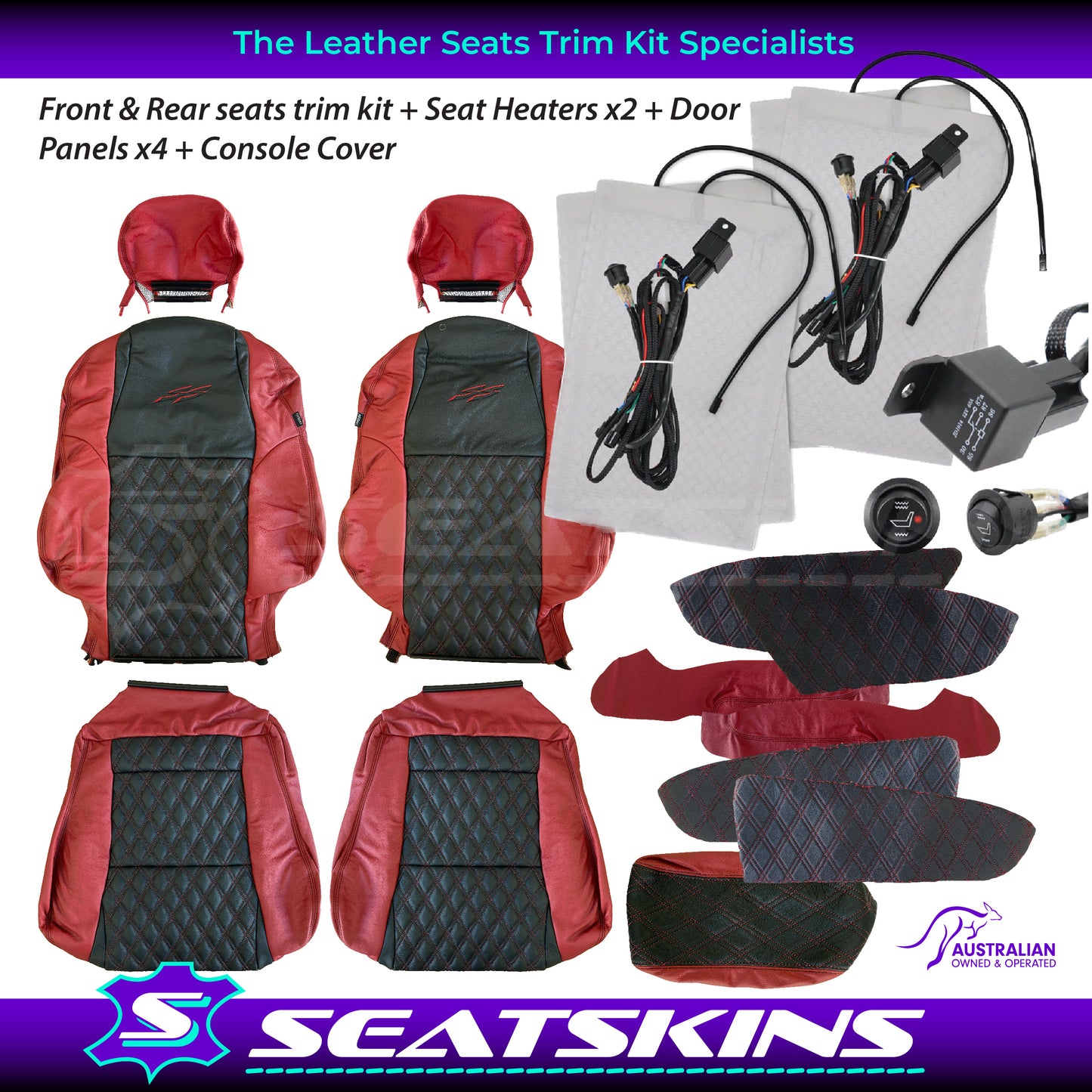 LEATHER SEATS TRIM KIT FOR VY/VZ SS SEDAN FRONT & REAR SEATS RED/BLACK DIAMOND