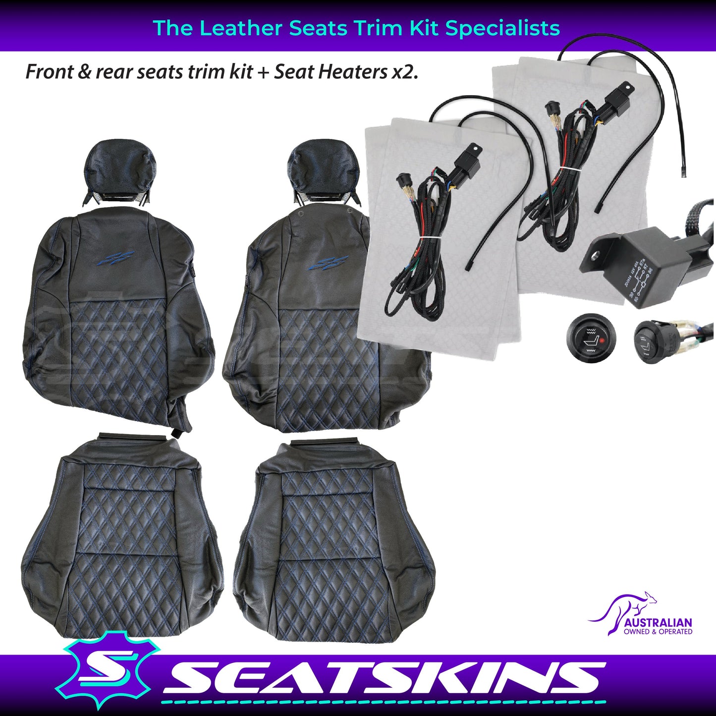 LEATHER SEATS TRIM KIT SKINS TO FIT HOLDEN VY S2 / VZ SS SEDAN BLUE DIAMOND STITCH