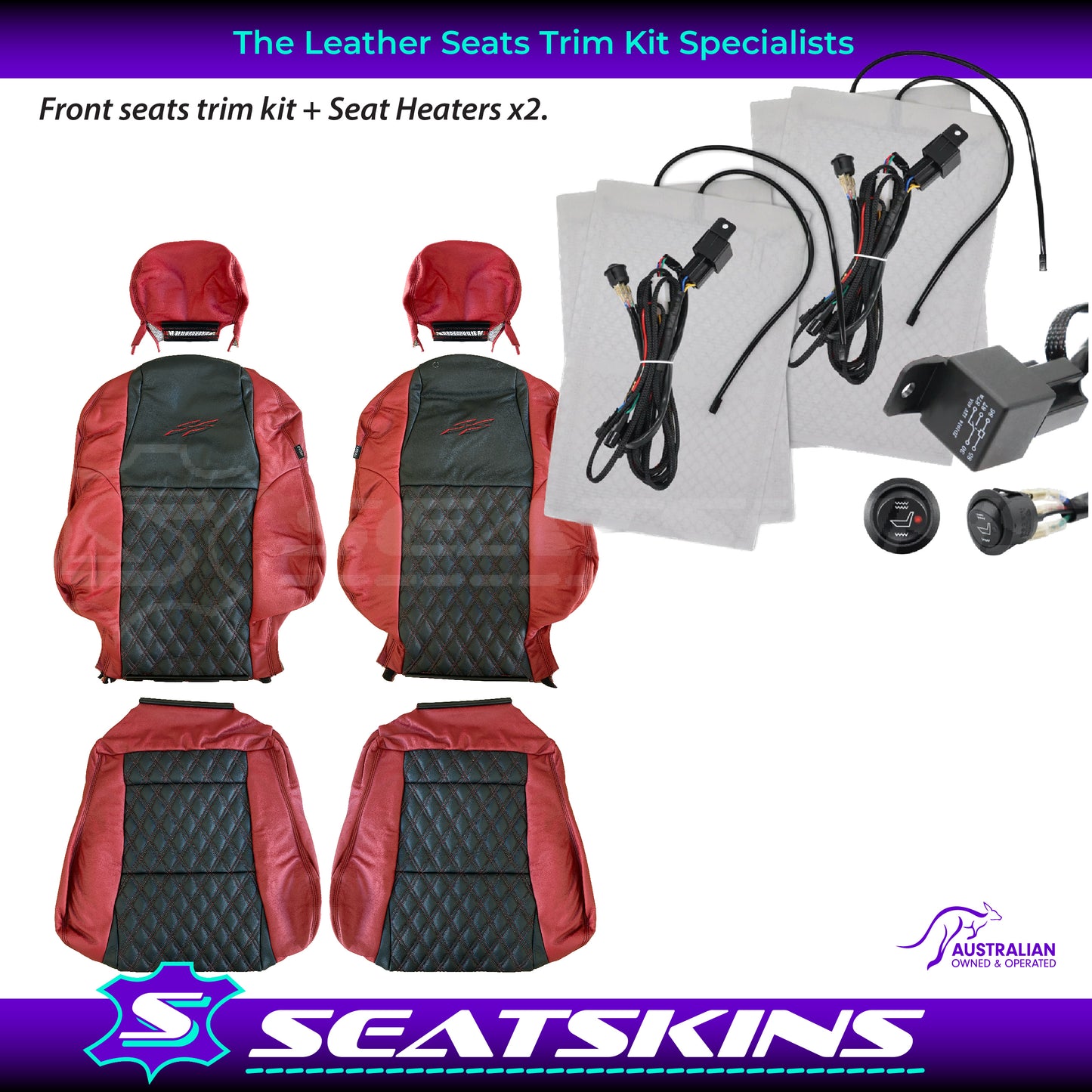 LEATHER SEATS TRIM KIT FOR VY/VZ SS UTE 2 FRONT SEATS RED/BLACK DIAMOND STITCH