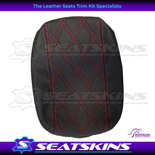 CONSOLE COVER FOR VE/VF MID SHAPE ONYX RED DOUBLE DIAMOND STITCHING. LEATHER CENTRE AND LEATHERETTE SIDES.