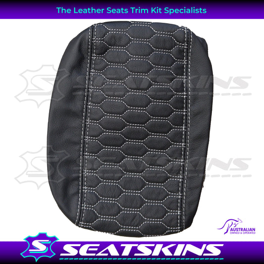 CONSOLE COVER FOR VE/VF MID HEIGHT SHAPE ONYX WHITE HEXAGON STITCHING. LEATHER CENTRE AND LEATHERETTE SIDES.