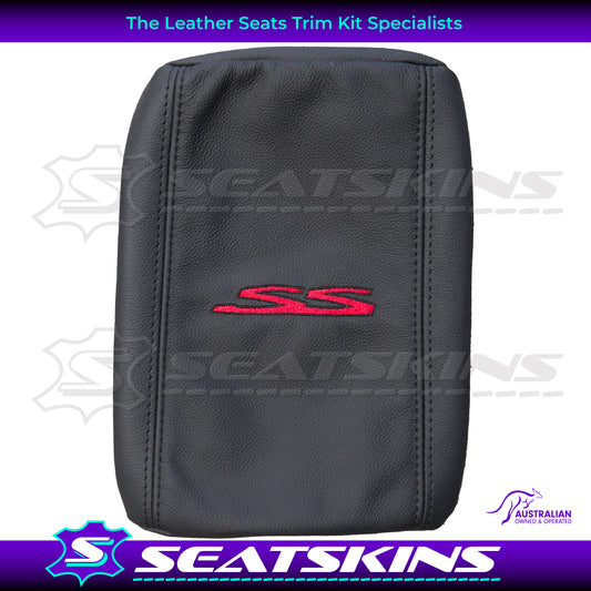 CONSOLE COVER FOR VE/VF LOW HEIGHT SHAPE RED SS BLACK TWIN NEEDLE STITCHING. LEATHER CENTRE AND LEATHERETTE SIDES.