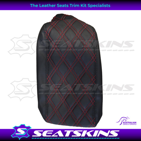 CONSOLE COVER FOR VY/VZ RED DOUBLE DIAMOND STITCHING BLACK TWIN NEEDLE STITCHING.