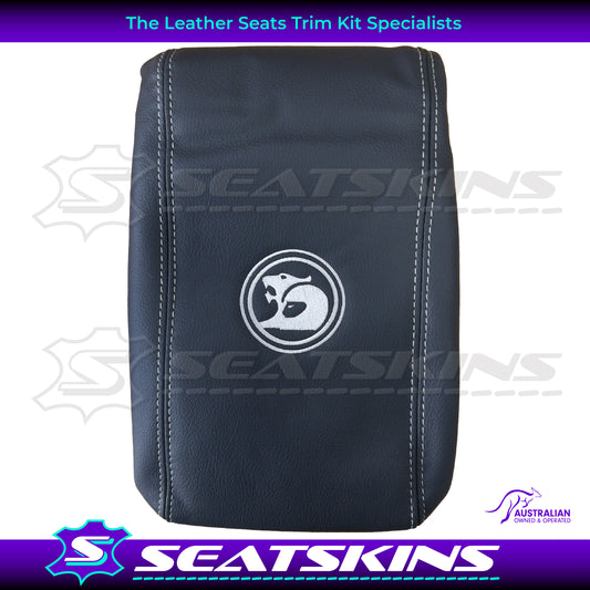 CONSOLE COVER FOR HOLDEN VY/VZ ANTHRACITE WITH WHITE HSV LOGO AND WHITE TWIN NEEDLE STITCHING.