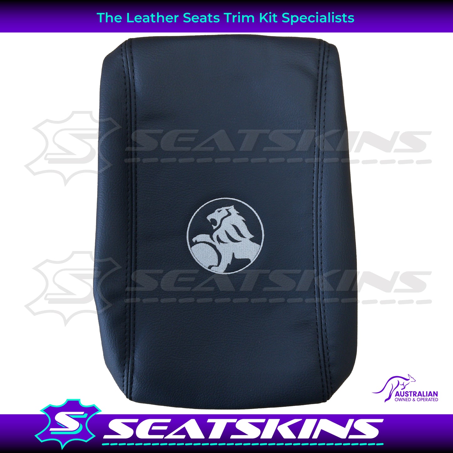CONSOLE COVER FOR HOLDEN VY/VZ ANTHRACITE SILVER LION LOGO WITH BLACK STITCHING
