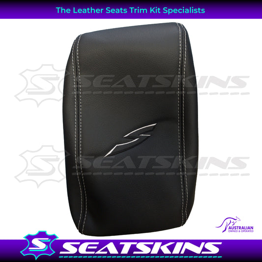 CONSOLE COVER FOR VY/VZ ANTHRACITE WHITE S LOGO WITH WHITE STITCHING.