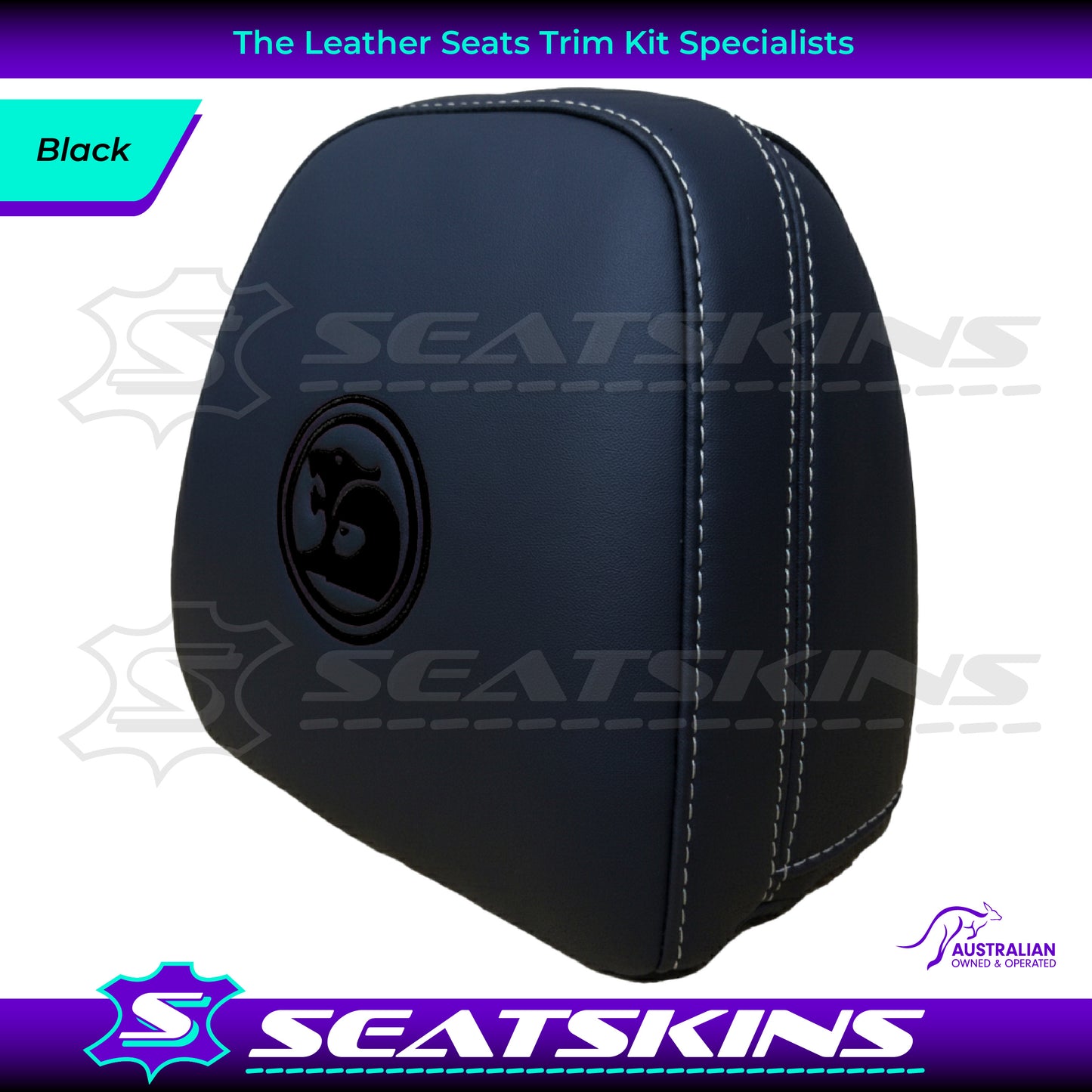 HEADREST COVERS PAIR FOR VF BLACK LEATHERETTE SILVER OR RED STITCH HSV LOGO