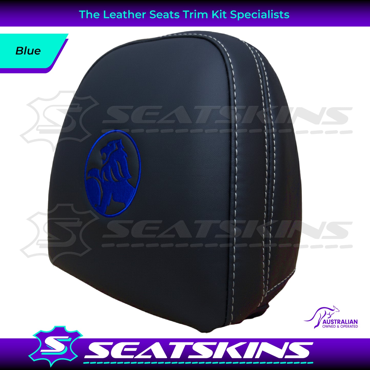 HEADREST COVERS PAIR FOR VF BLACK LEATHERETTE SILVER OR RED STITCH HOLDEN LOGO