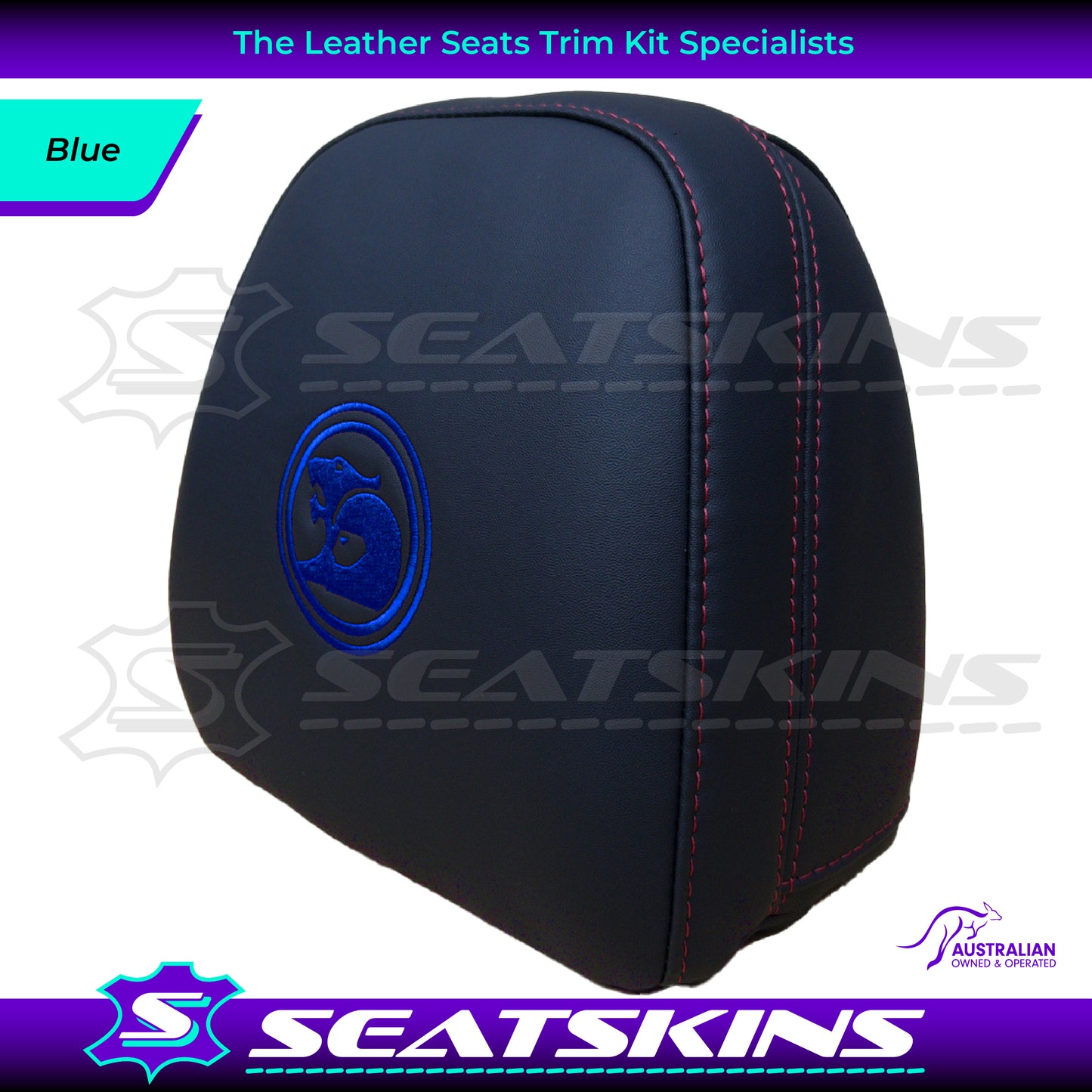 HEADREST COVERS PAIR FOR VF BLACK LEATHERETTE SILVER OR RED STITCH HSV LOGO