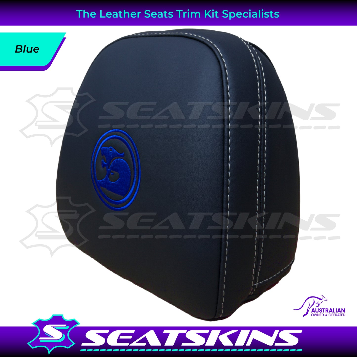 HEADREST COVERS PAIR FOR VF BLACK LEATHERETTE SILVER OR RED STITCH HSV LOGO