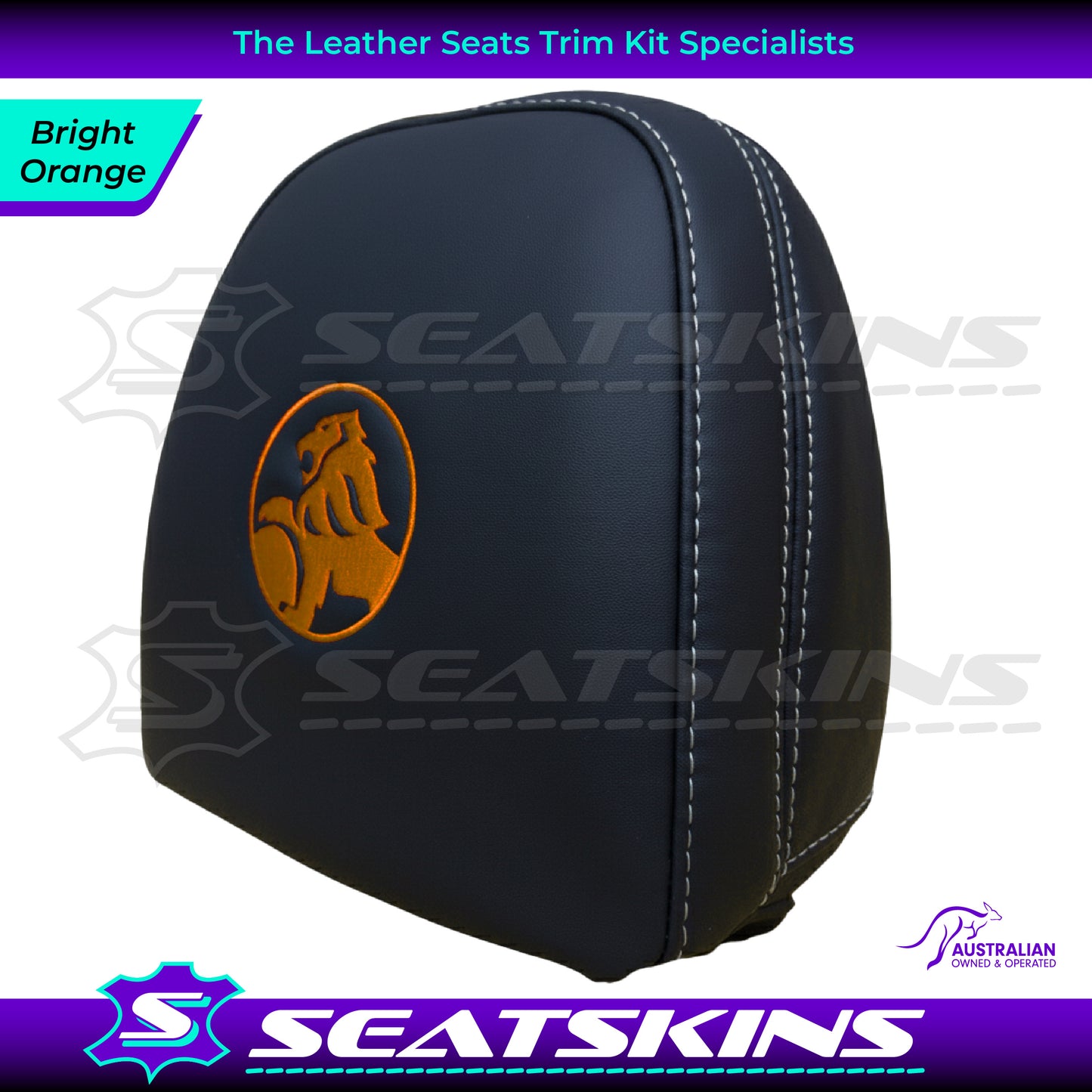 HEADREST COVERS PAIR FOR VF BLACK LEATHERETTE SILVER OR RED STITCH HOLDEN LOGO