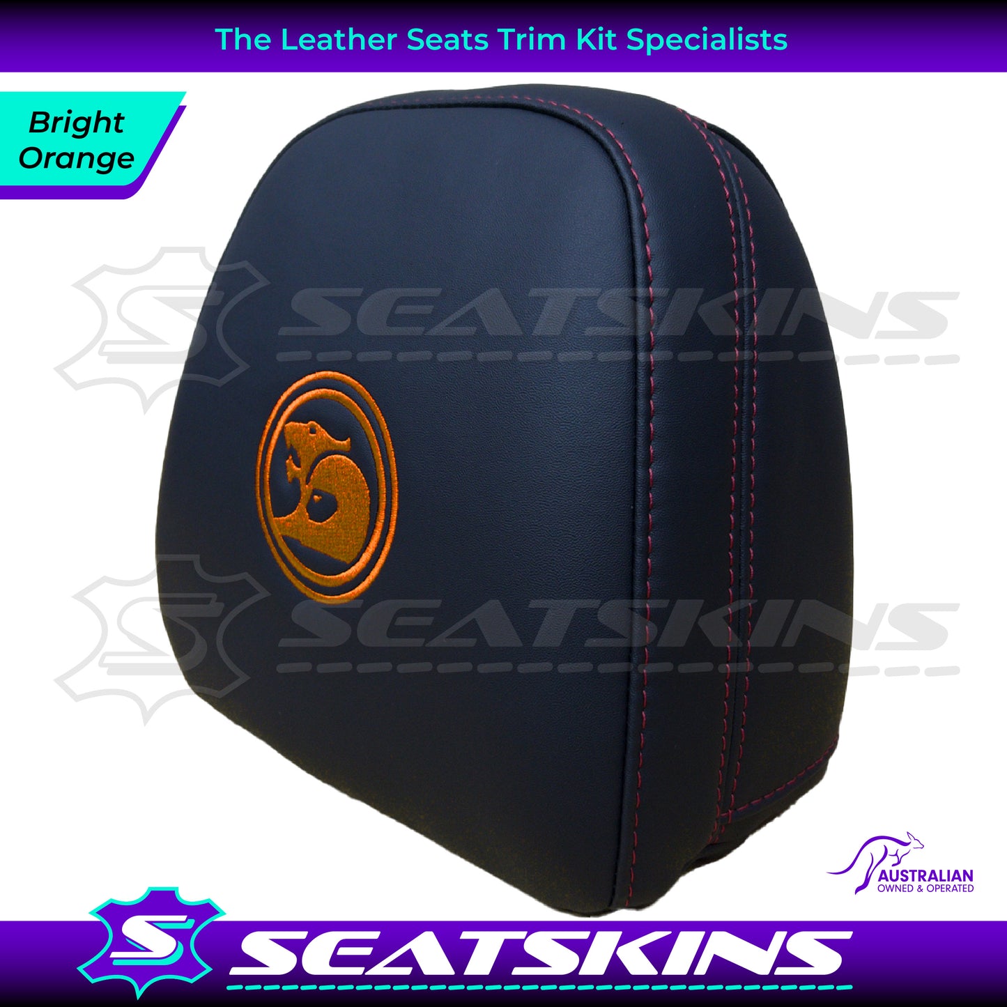 HEADREST COVERS PAIR FOR VF BLACK LEATHERETTE SILVER OR RED STITCH HSV LOGO