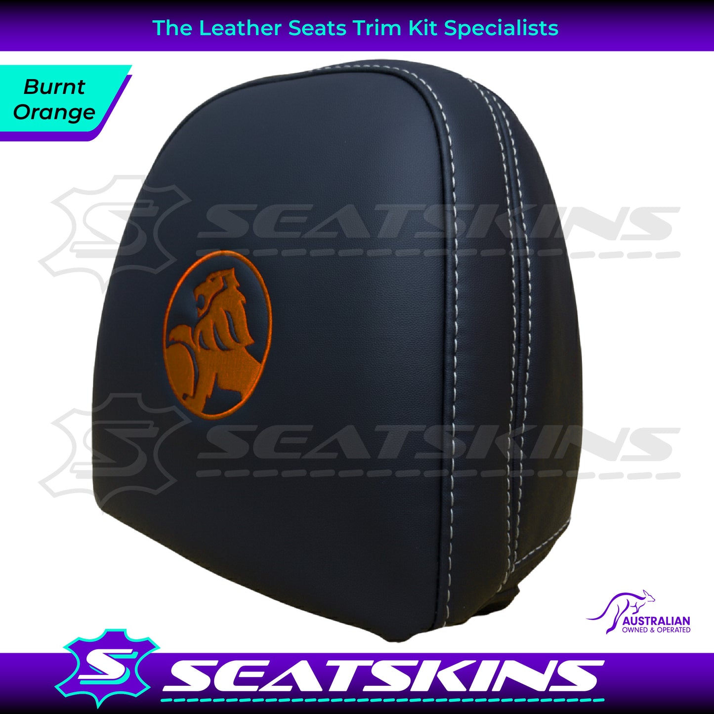 HEADREST COVERS PAIR FOR VF BLACK LEATHERETTE SILVER OR RED STITCH HOLDEN LOGO