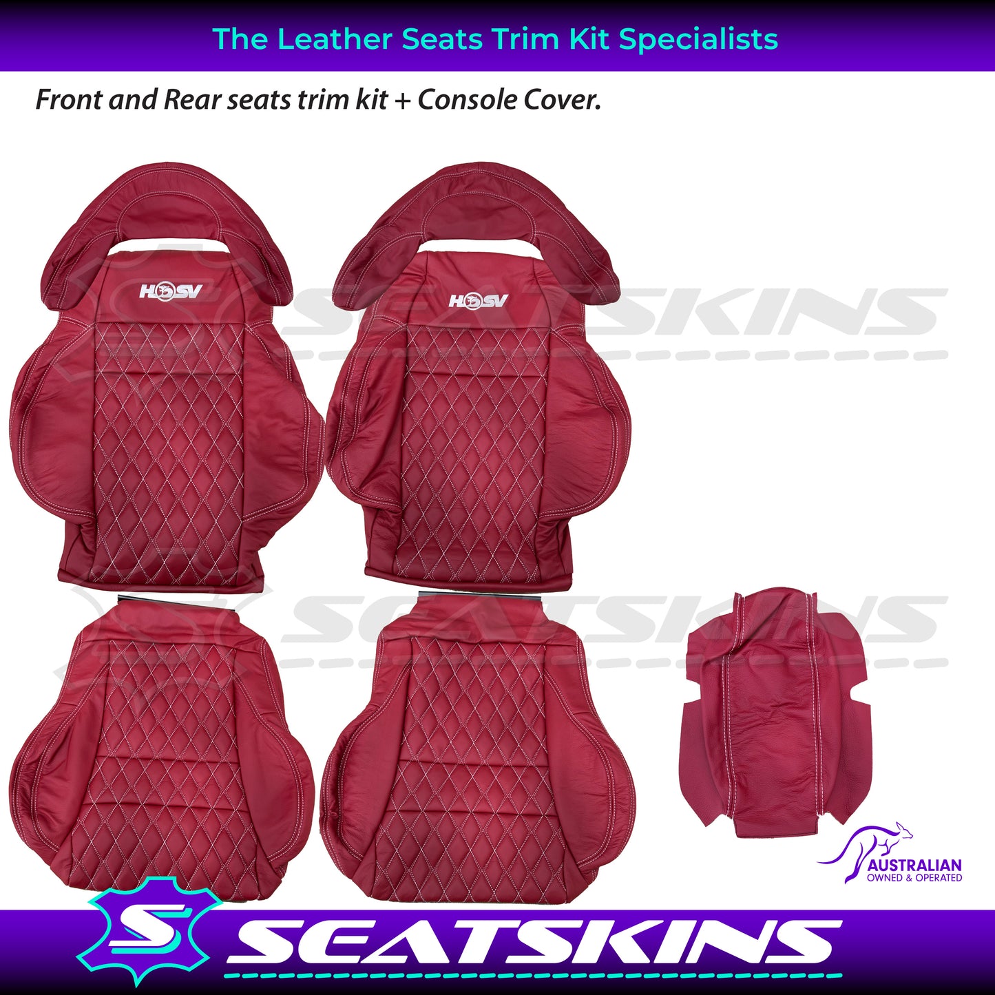 LEATHER SEATS TRIM KIT FOR 5 SEATER HSV COULSON RED LEATHER WHITE DIAMOND STITCH