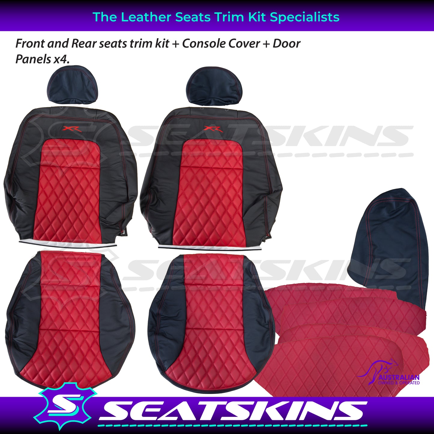 LEATHER SEATS TRIM KIT SKINS FOR FORD AU SEDAN RED XR LOGO DIAMOND STITCH