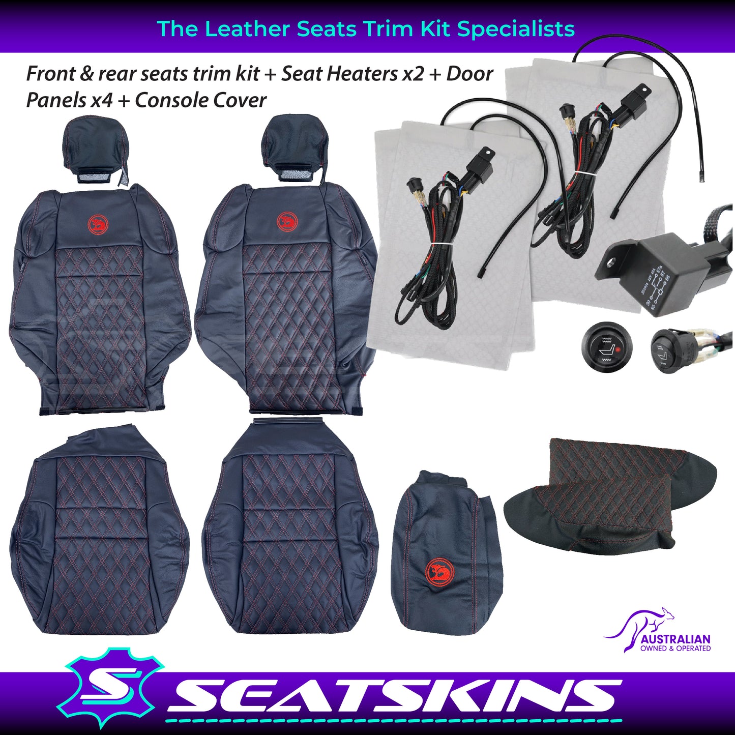 LEATHER SEATS TRIM KIT FOR HSV VZ R8 CLUBSPORT SEDAN ANTHRACITE DOUBLE DIAMOND RED