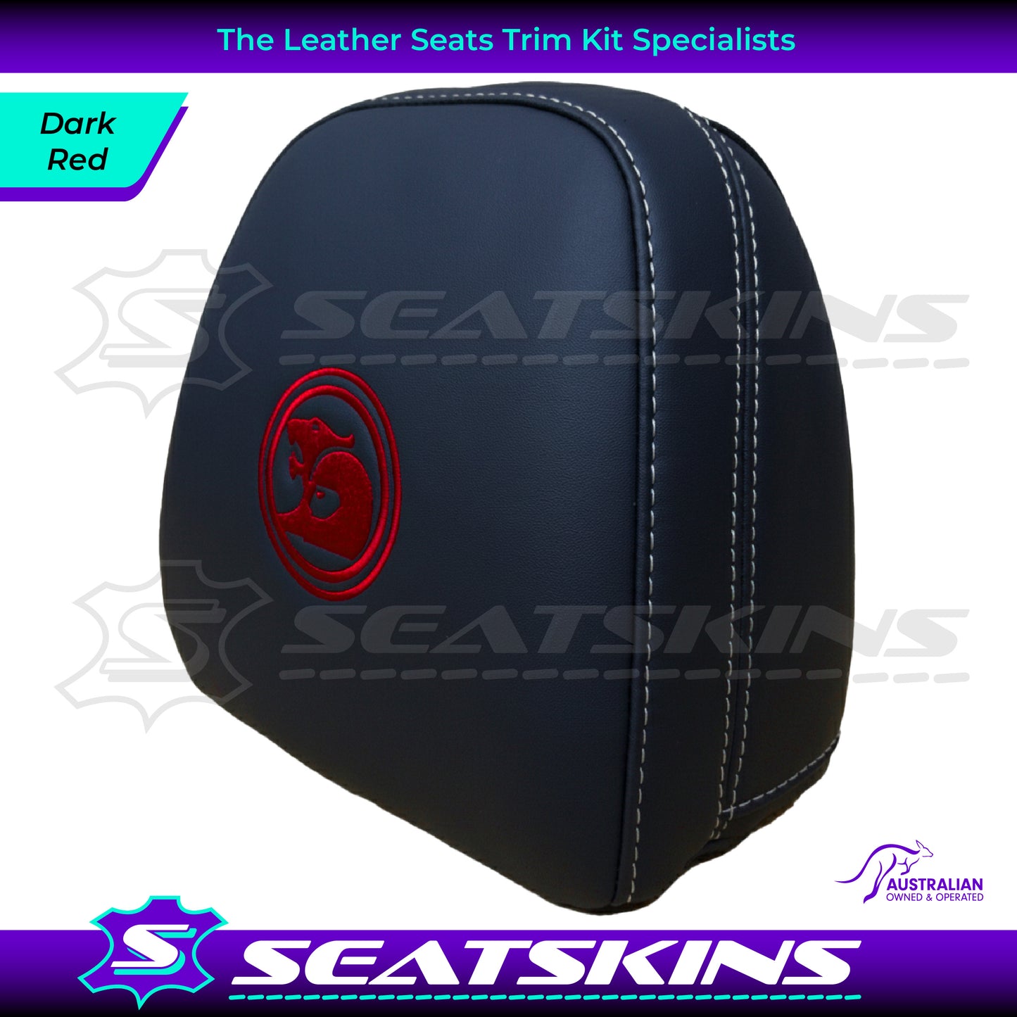 HEADREST COVERS PAIR FOR VF BLACK LEATHERETTE SILVER OR RED STITCH HSV LOGO