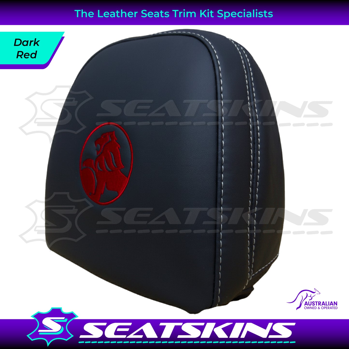 HEADREST COVERS PAIR FOR VF BLACK LEATHERETTE SILVER OR RED STITCH HOLDEN LOGO