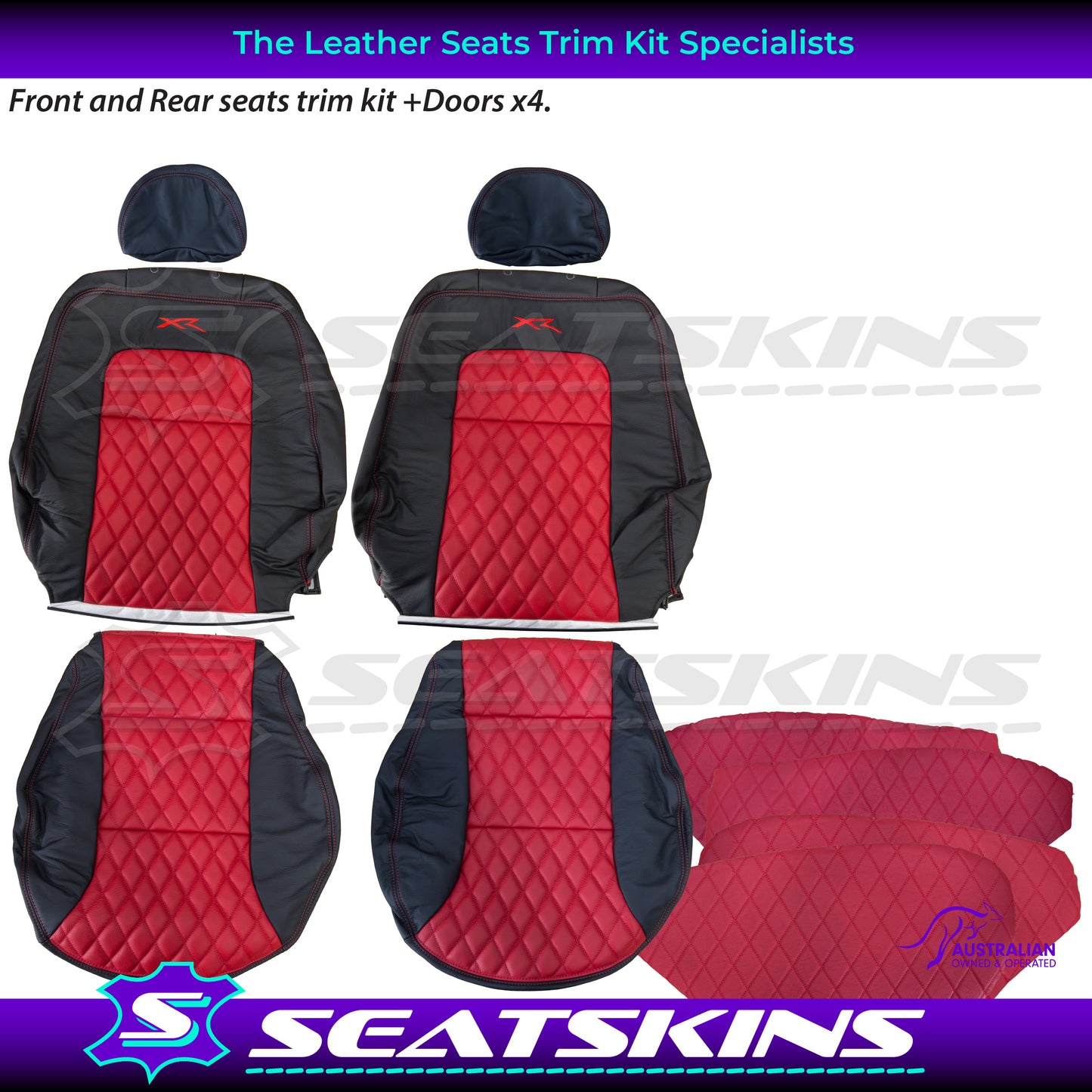 LEATHER SEATS TRIM KIT SKINS FOR FORD AU SEDAN RED XR LOGO DIAMOND STITCH