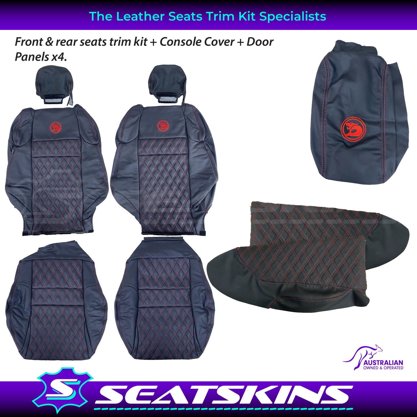 LEATHER SEATS TRIM KIT FOR HSV VZ R8 CLUBSPORT SEDAN ANTHRACITE DOUBLE DIAMOND RED