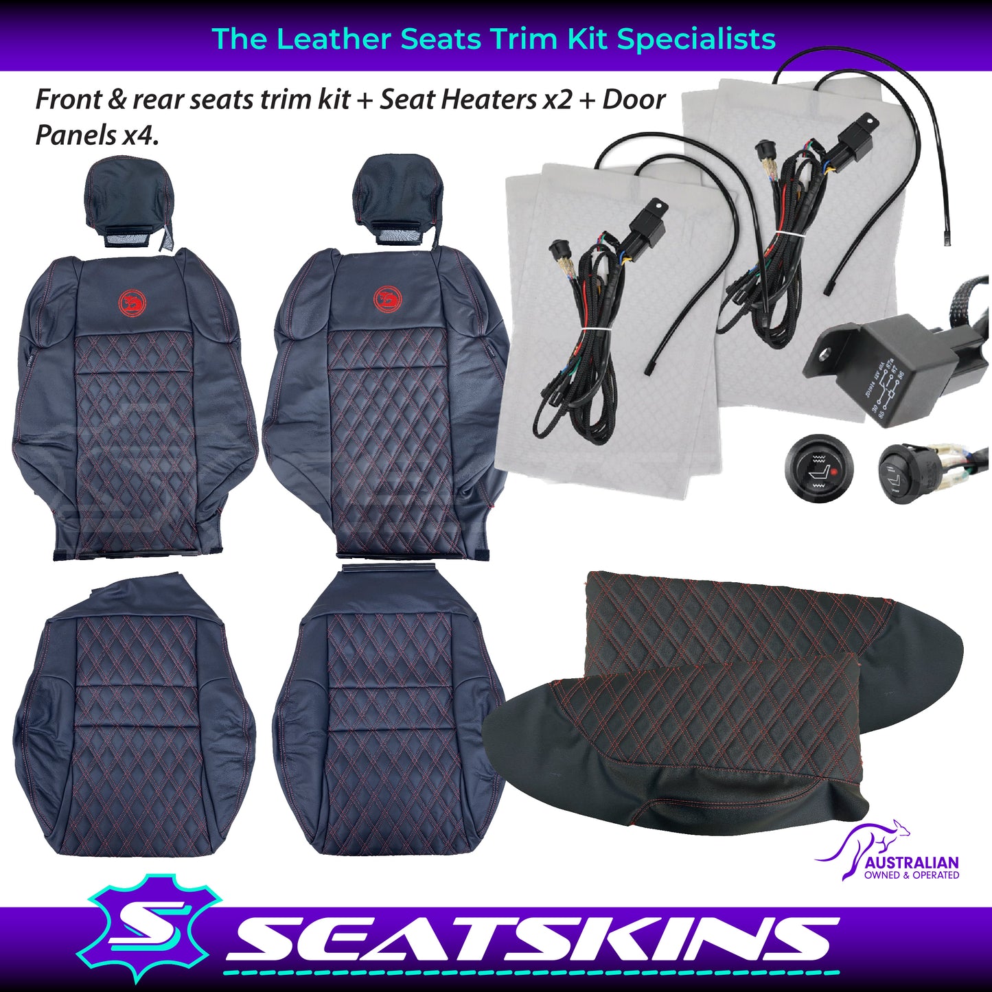 LEATHER SEATS TRIM KIT FOR HSV VZ R8 CLUBSPORT SEDAN ANTHRACITE DOUBLE DIAMOND RED