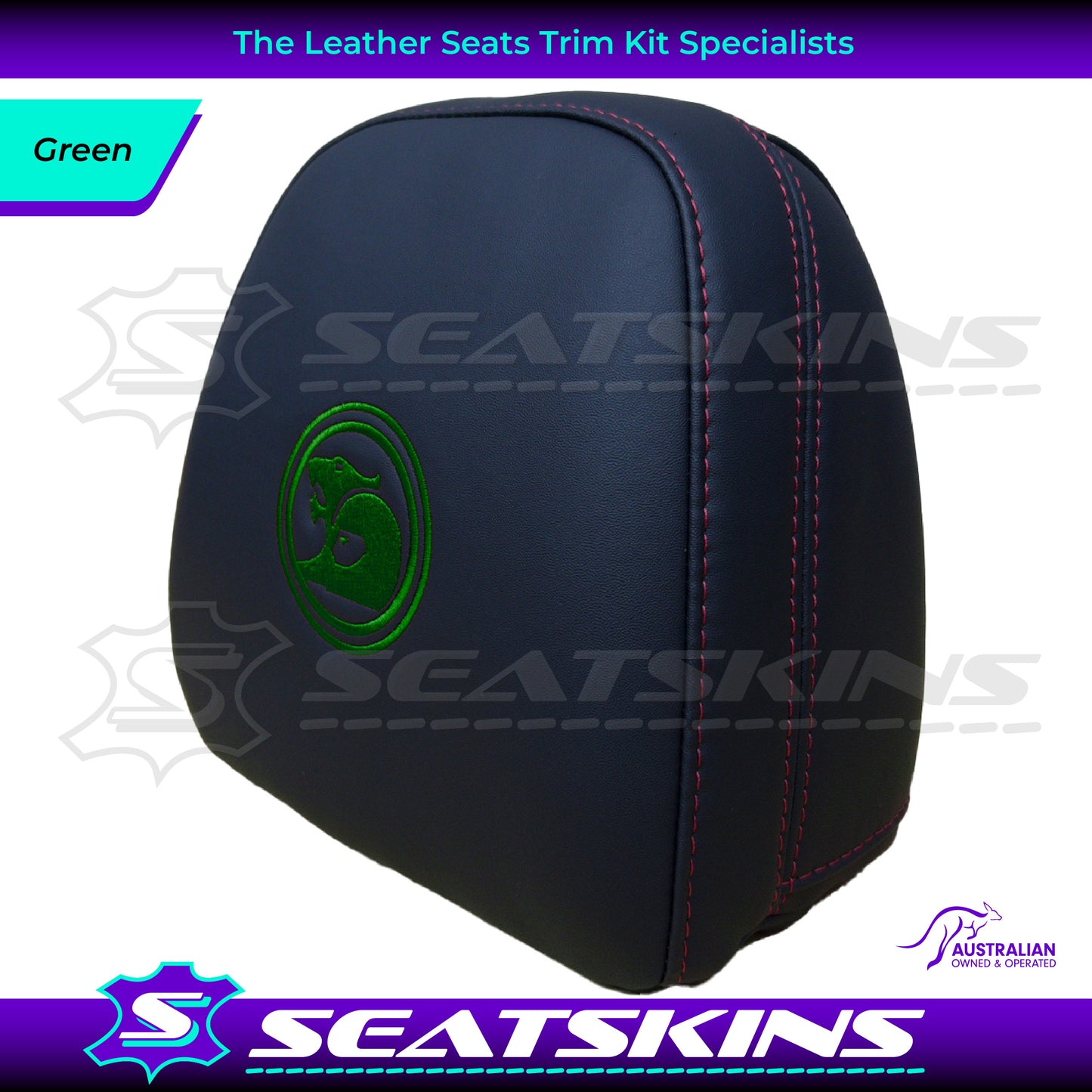 HEADREST COVERS PAIR FOR VF BLACK LEATHERETTE SILVER OR RED STITCH HSV LOGO