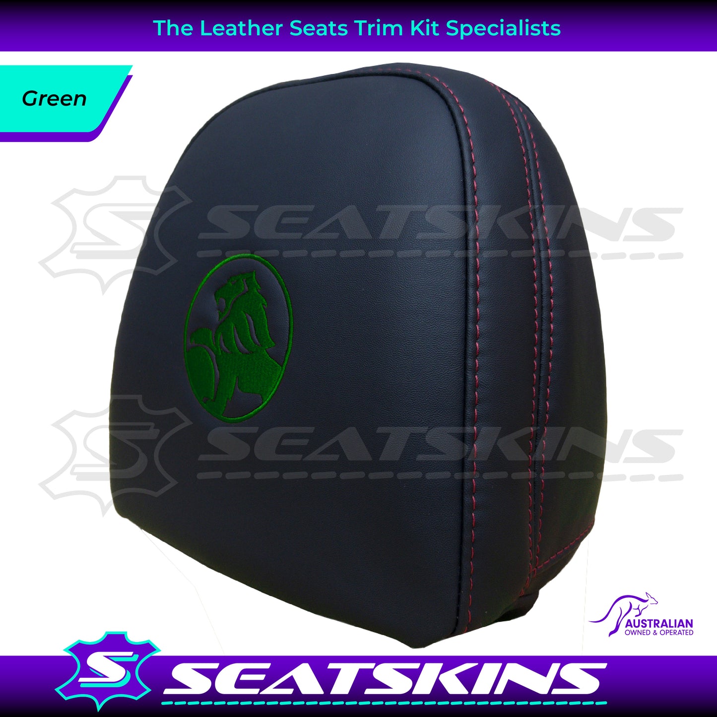 HEADREST COVERS PAIR FOR VF BLACK LEATHERETTE SILVER OR RED STITCH HOLDEN LOGO