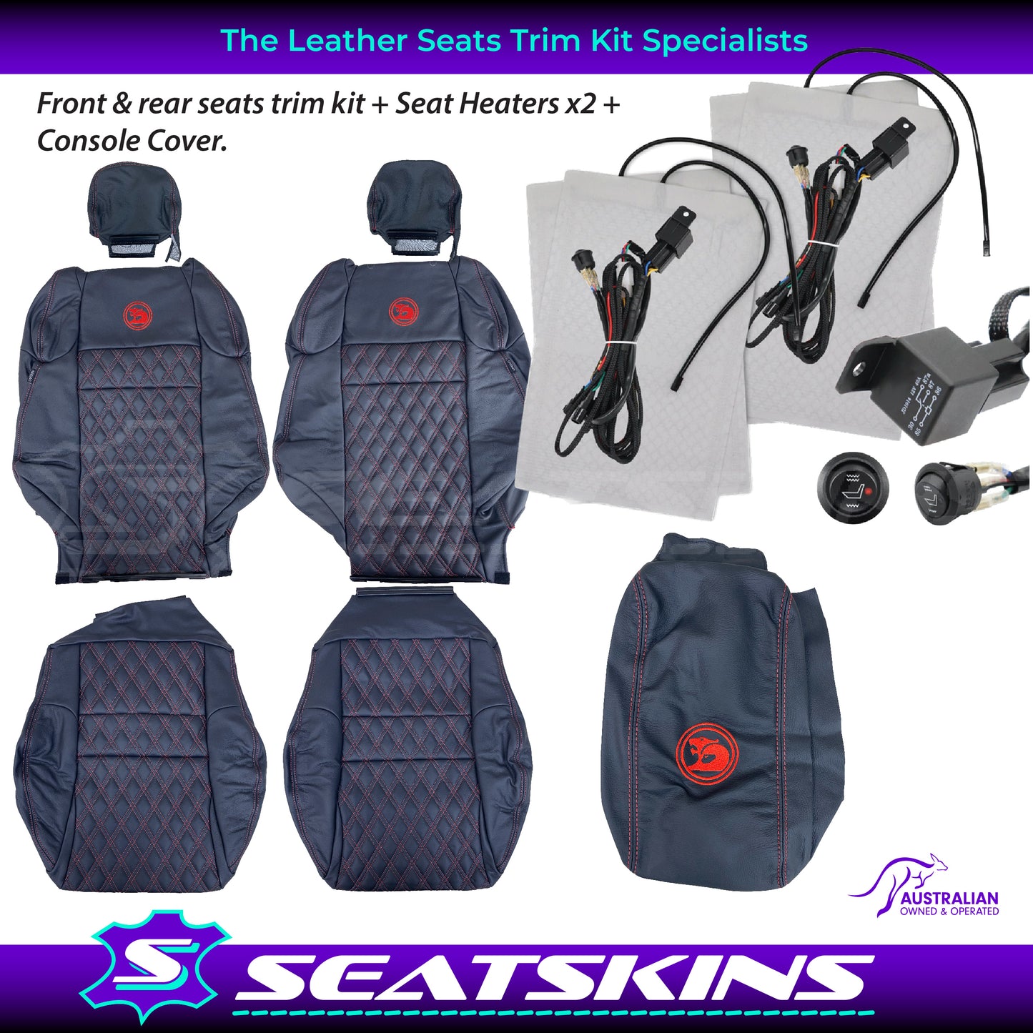 LEATHER SEATS TRIM KIT FOR HSV VZ R8 CLUBSPORT SEDAN ANTHRACITE DOUBLE DIAMOND RED