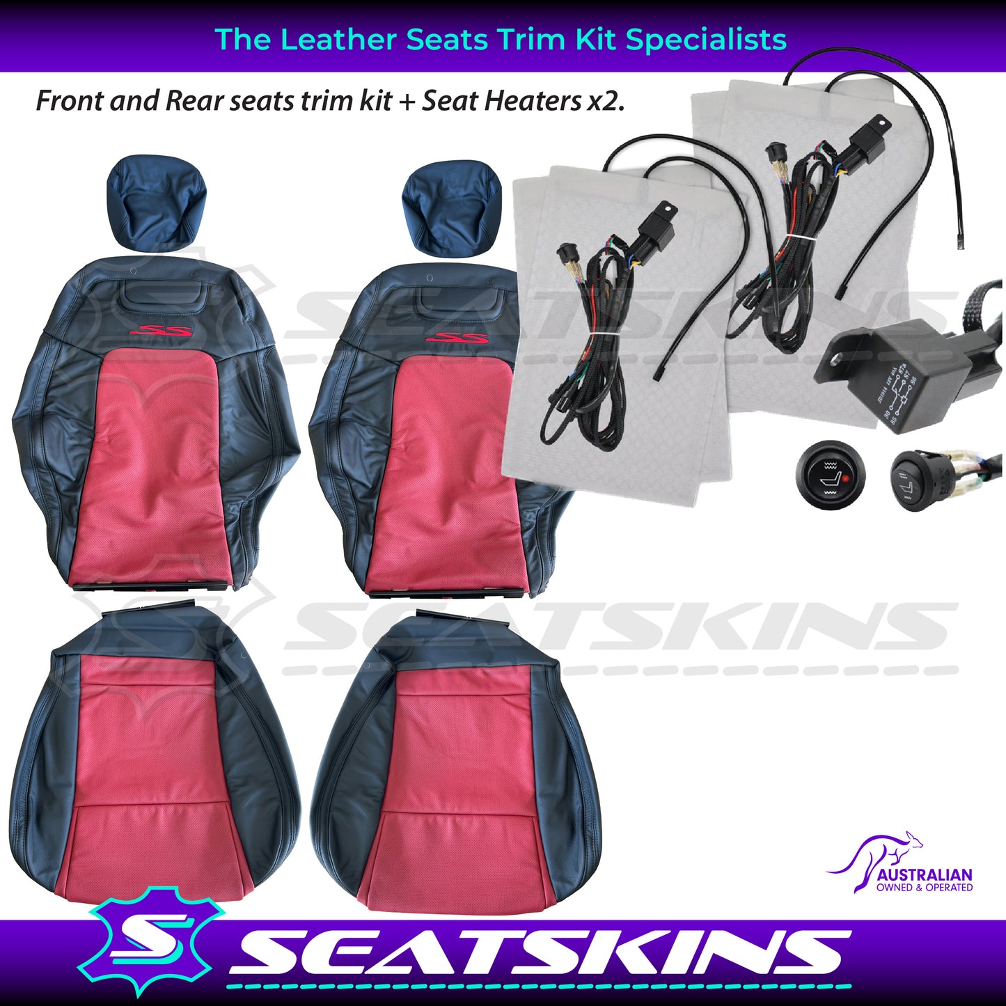 LEATHER SEATS TRIM KIT FOR VE SS 5 SEATS FRONT AND REAR SEATS ONYX & RED HOT INSERTS