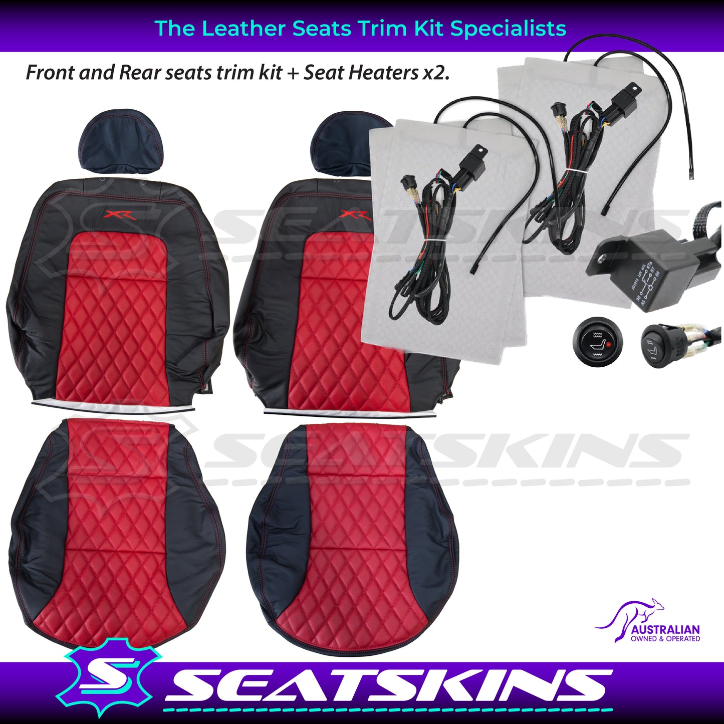 LEATHER SEATS TRIM KIT SKINS FOR FORD AU SEDAN RED XR LOGO DIAMOND STITCH