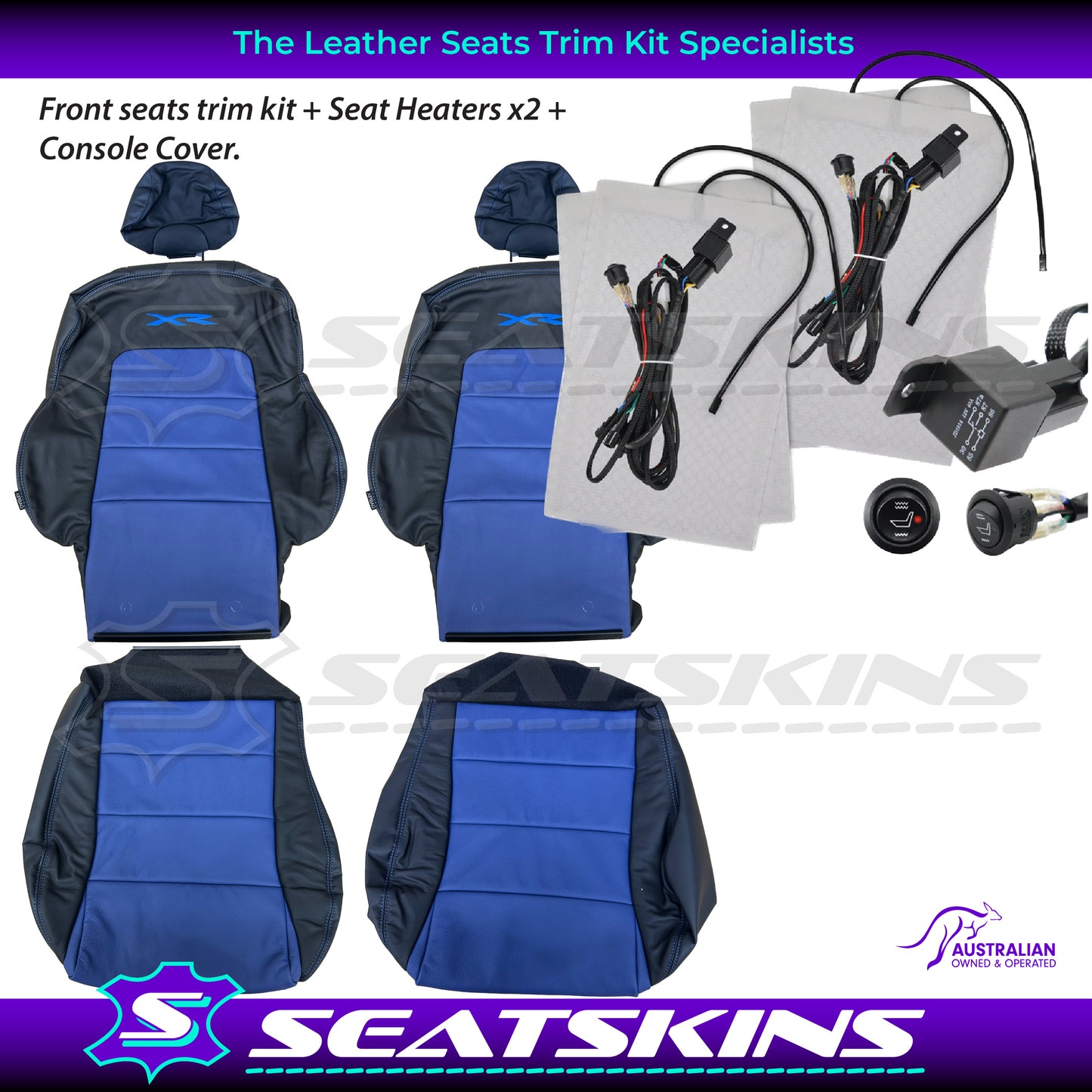 LEATHER SEATS TRIM KIT SKINS FOR FORD BA/BF FALCON FRONT SEATS BLUE XR LOGO BLUE INSERTS