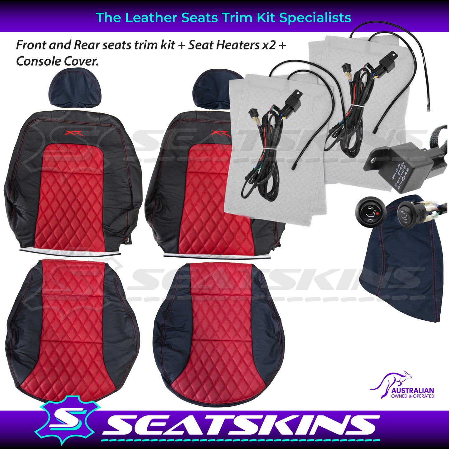 LEATHER SEATS TRIM KIT SKINS FOR FORD AU SEDAN RED XR LOGO DIAMOND STITCH