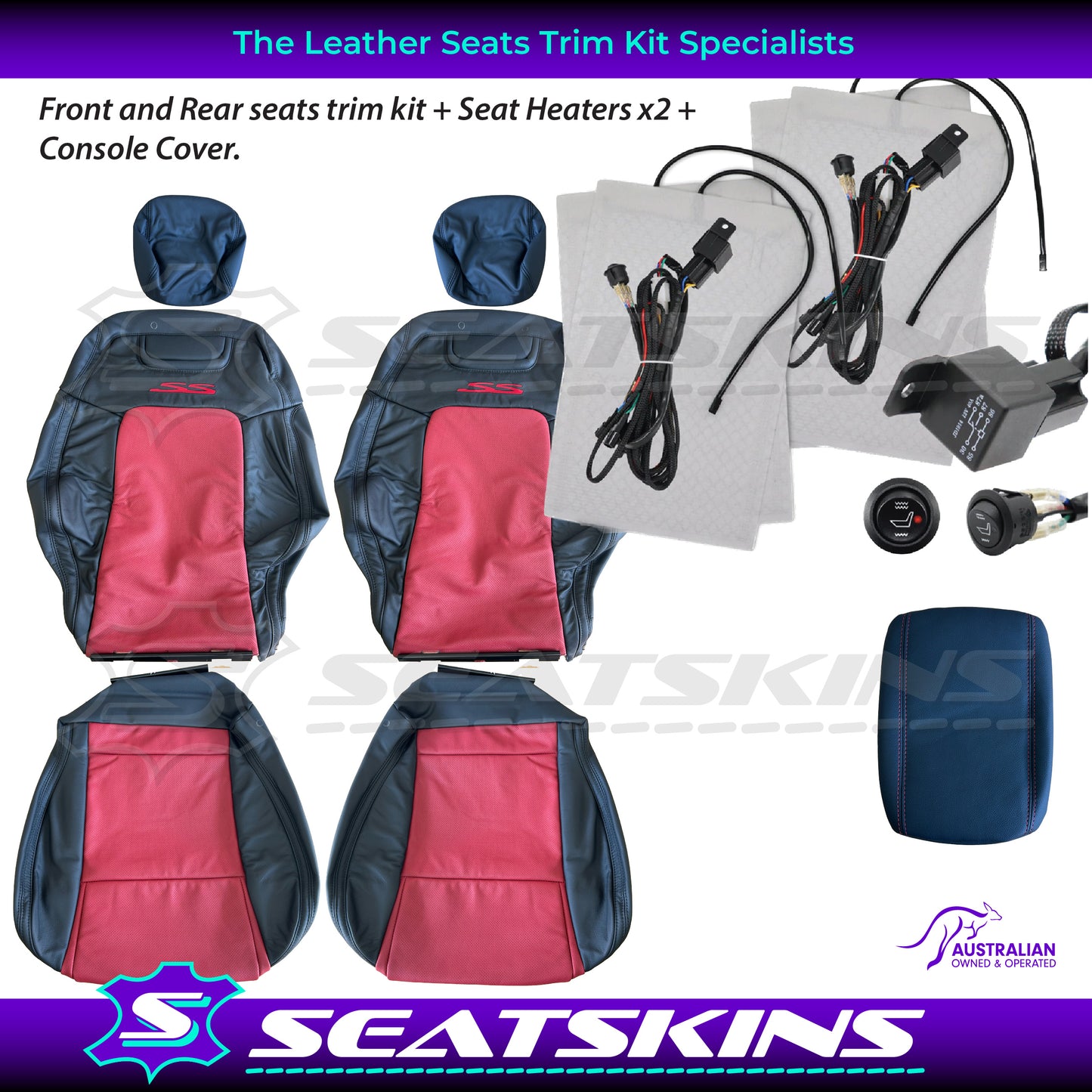 LEATHER SEATS TRIM KIT FOR VE SS 5 SEATS FRONT AND REAR SEATS ONYX & RED HOT INSERTS
