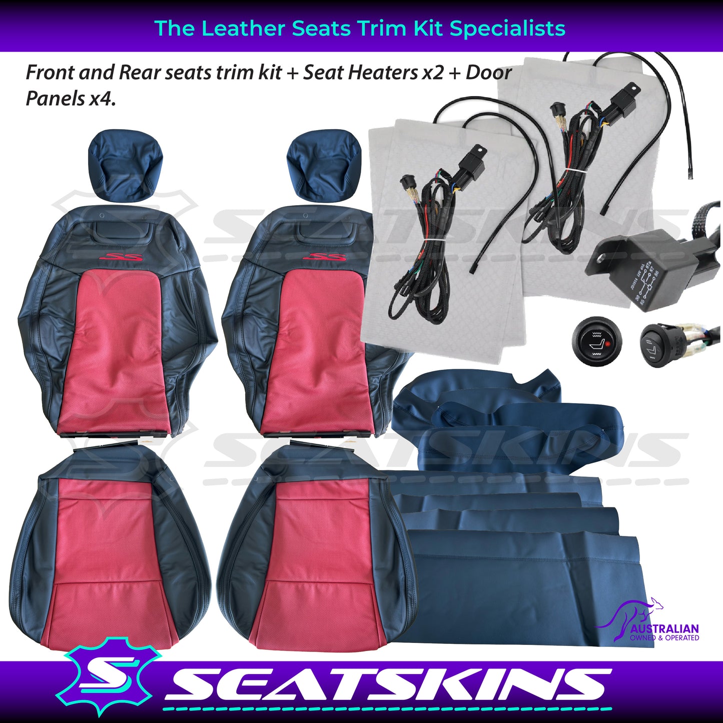 LEATHER SEATS TRIM KIT FOR VE SS 5 SEATS FRONT AND REAR SEATS ONYX & RED HOT INSERTS