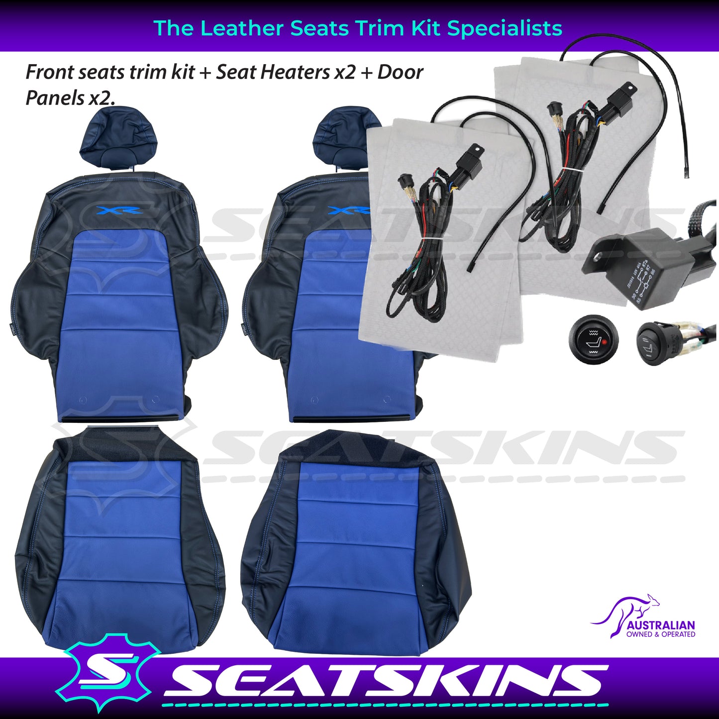 LEATHER SEATS TRIM KIT SKINS FOR FORD BA/BF FALCON FRONT SEATS BLUE XR LOGO BLUE INSERTS