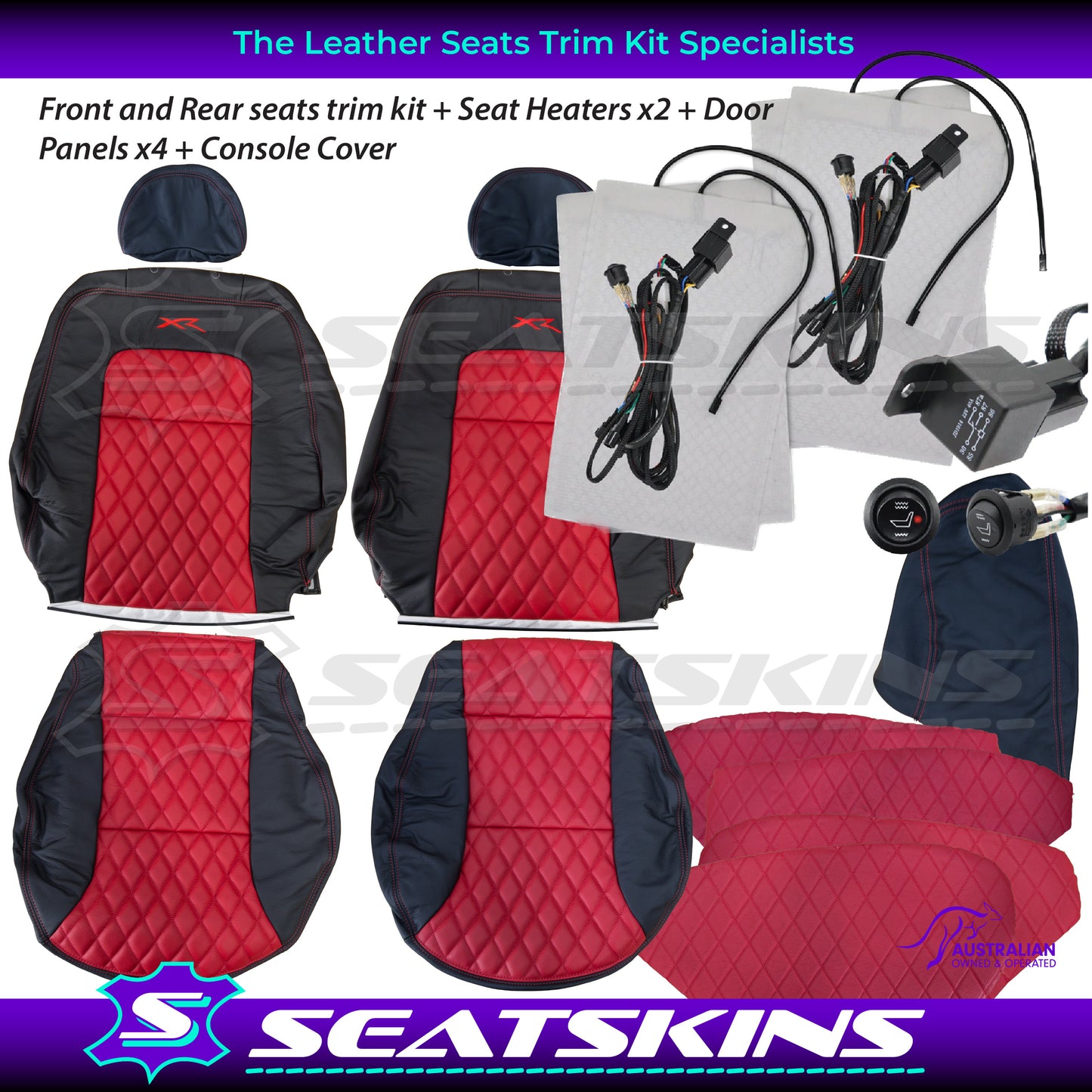 LEATHER SEATS TRIM KIT SKINS FOR FORD AU SEDAN RED XR LOGO DIAMOND STITCH