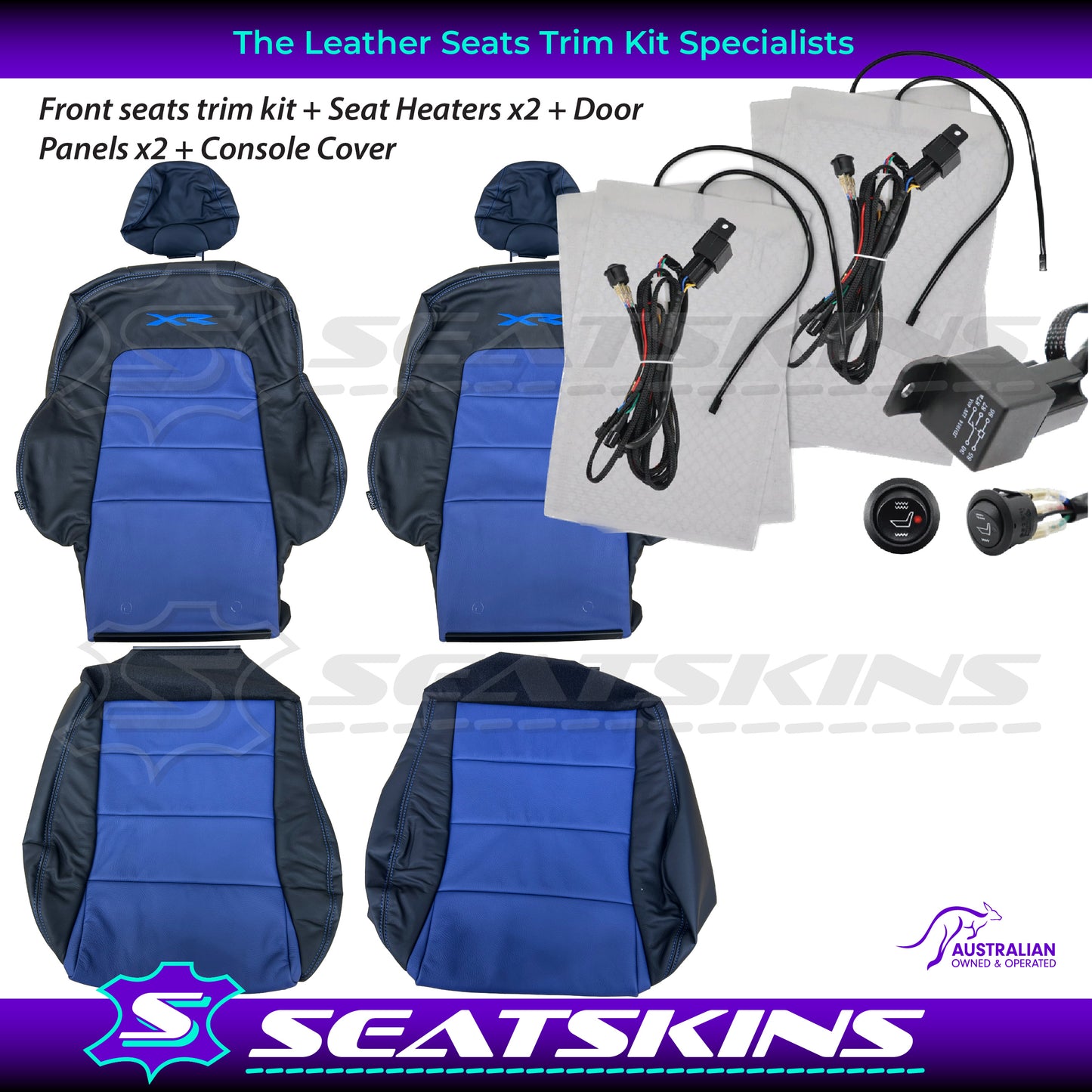 LEATHER SEATS TRIM KIT SKINS FOR FORD BA/BF FALCON FRONT SEATS BLUE XR LOGO BLUE INSERTS