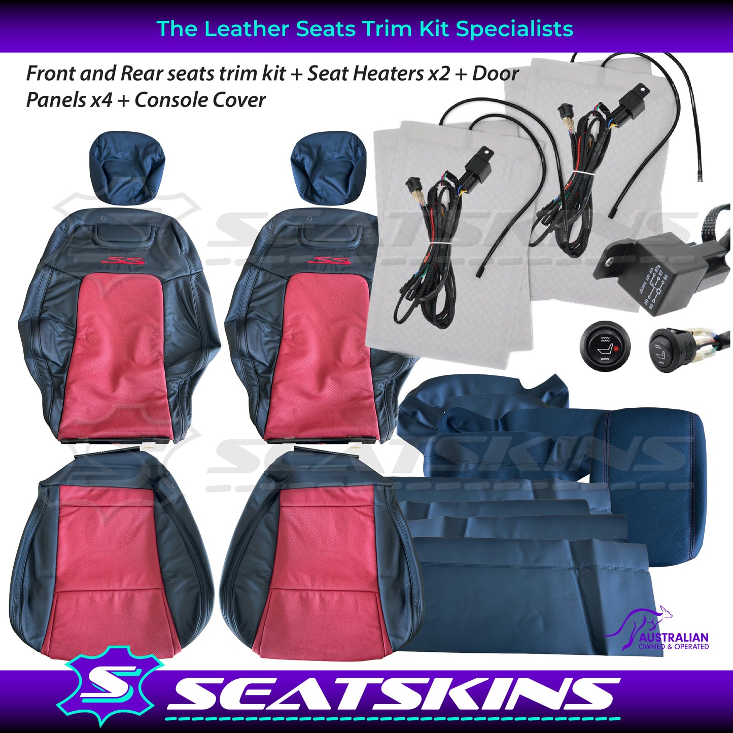 LEATHER SEATS TRIM KIT FOR VE SS 5 SEATS FRONT AND REAR SEATS ONYX & RED HOT INSERTS