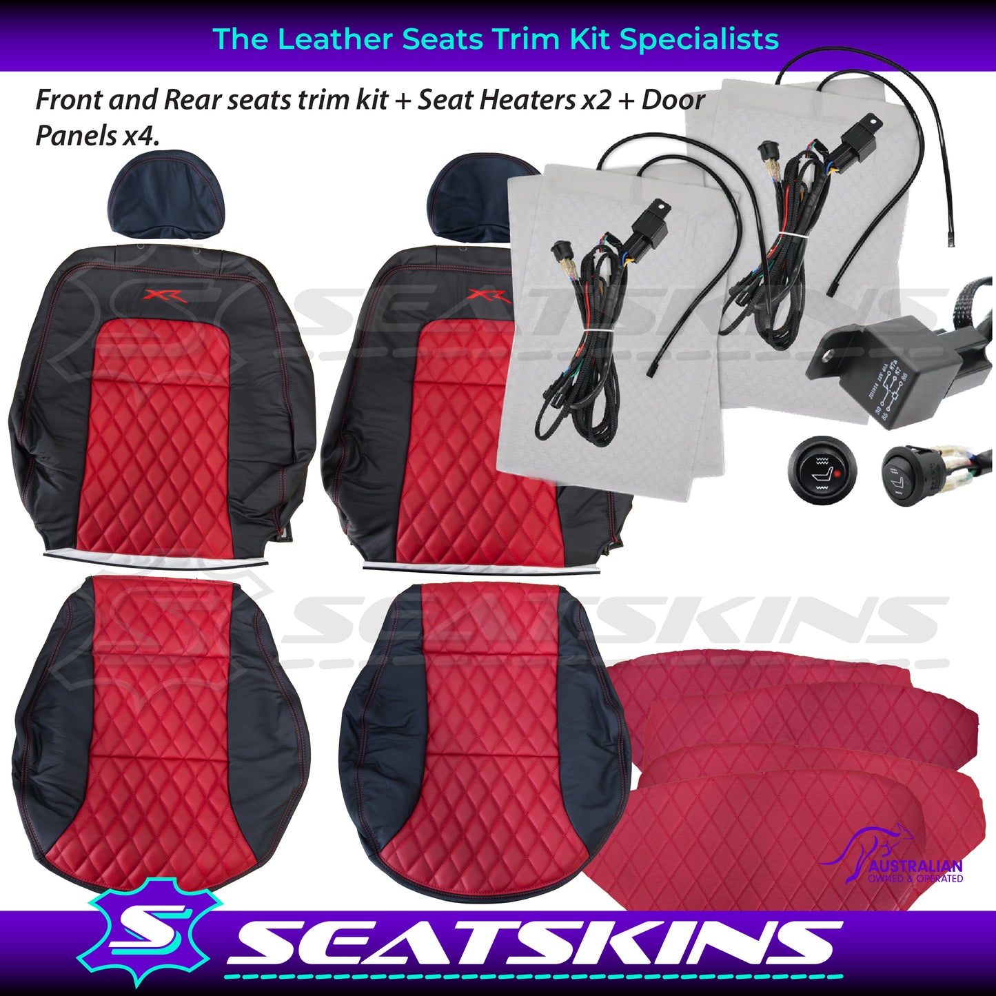 LEATHER SEATS TRIM KIT SKINS FOR FORD AU SEDAN RED XR LOGO DIAMOND STITCH