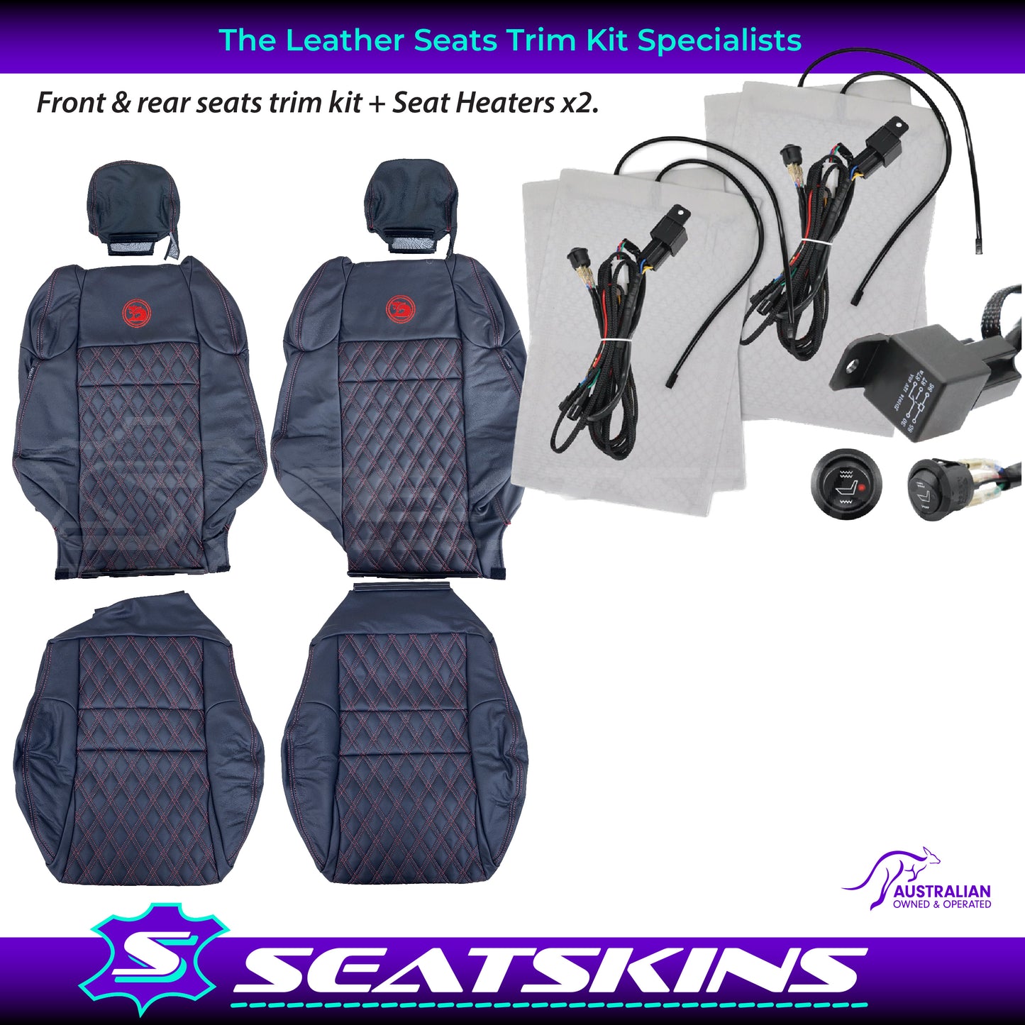 LEATHER SEATS TRIM KIT FOR HSV VZ R8 CLUBSPORT SEDAN ANTHRACITE DOUBLE DIAMOND RED