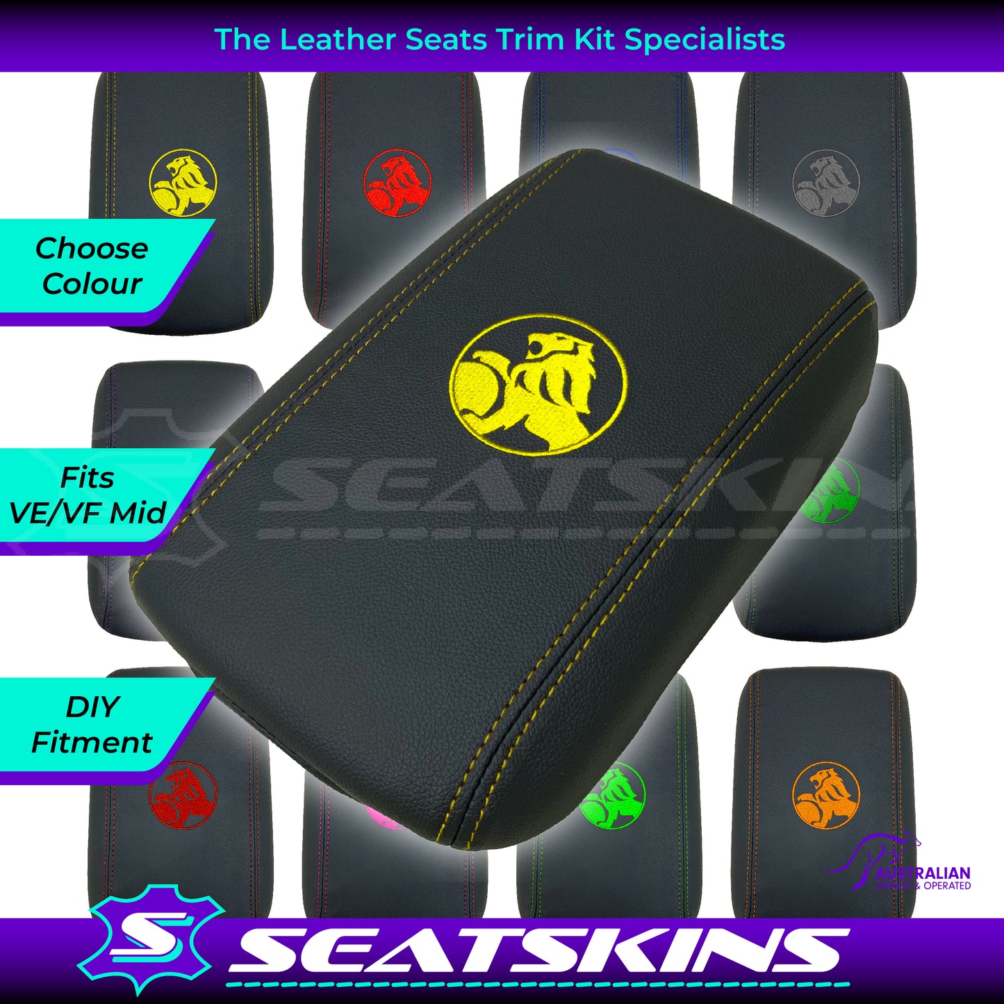 CONSOLE COVER ARM REST CUSTOM TO FIT HOLDEN VE VF LION LOGO MID CHOOSE COLOUR
