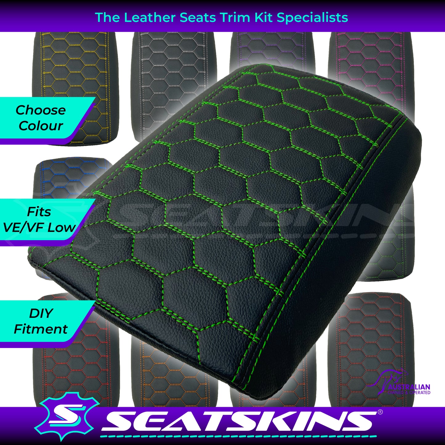 CONSOLE COVER ARM REST CUSTOM TO FIT HOLDEN VE VF LOW HEXAGON STITCH CHOOSE COLOUR