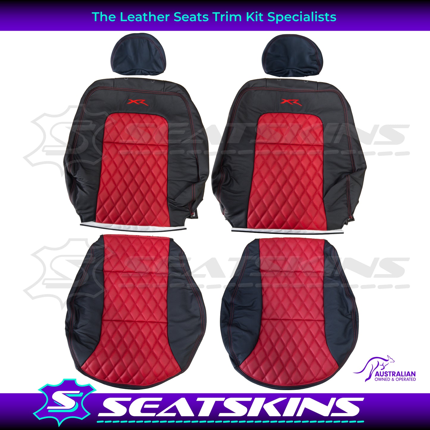 LEATHER SEATS TRIM KIT SKINS FOR FORD AU FRONT SEATS RED XR LOGO DIAMOND STITCH