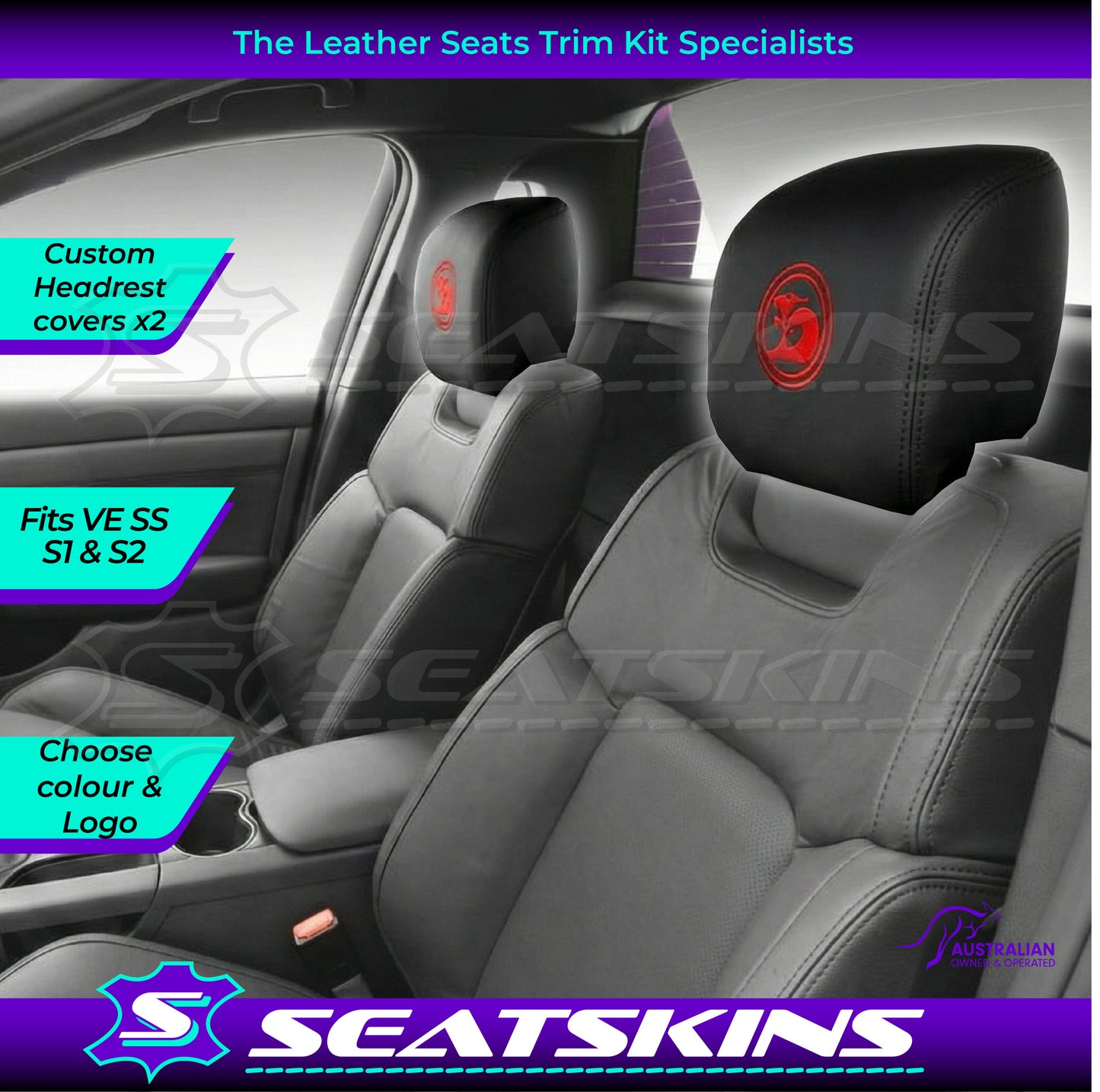 HEADREST COVERS PAIR FOR VE SS/SV6 s2 ONYX BLACK LEATHERETTE CUSTOM HSV LOGO