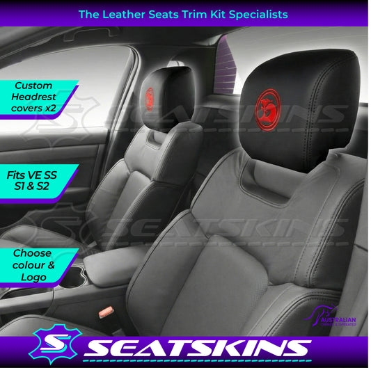 HEADREST COVERS PAIR FOR VE SS/SV6 s2 ONYX BLACK LEATHERETTE CUSTOM HSV LOGO