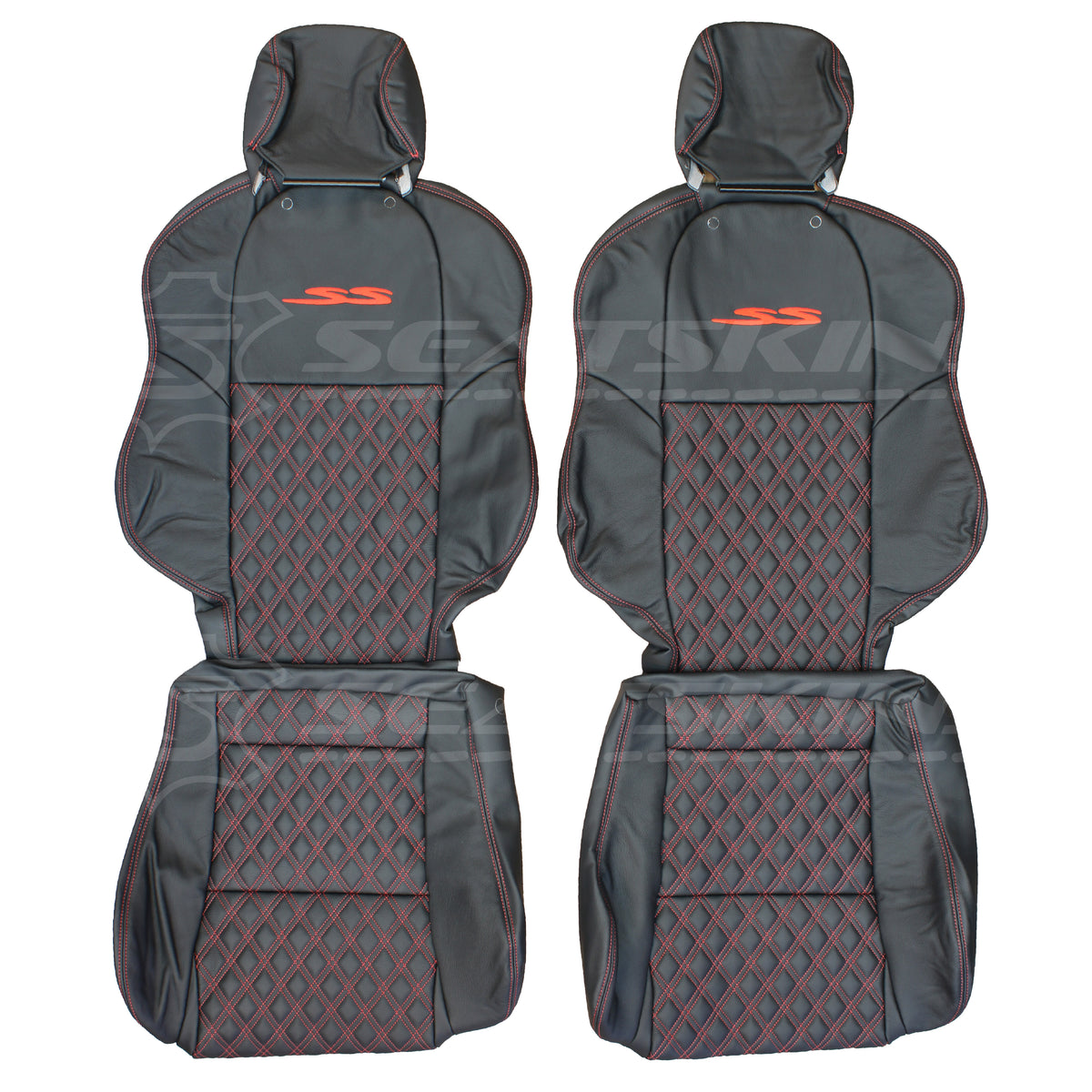 LEATHER SEATS TRIM KIT FOR VT/VX SS UTE 2 FRONT SEATS BLACK/RED DIAMOND STITCH