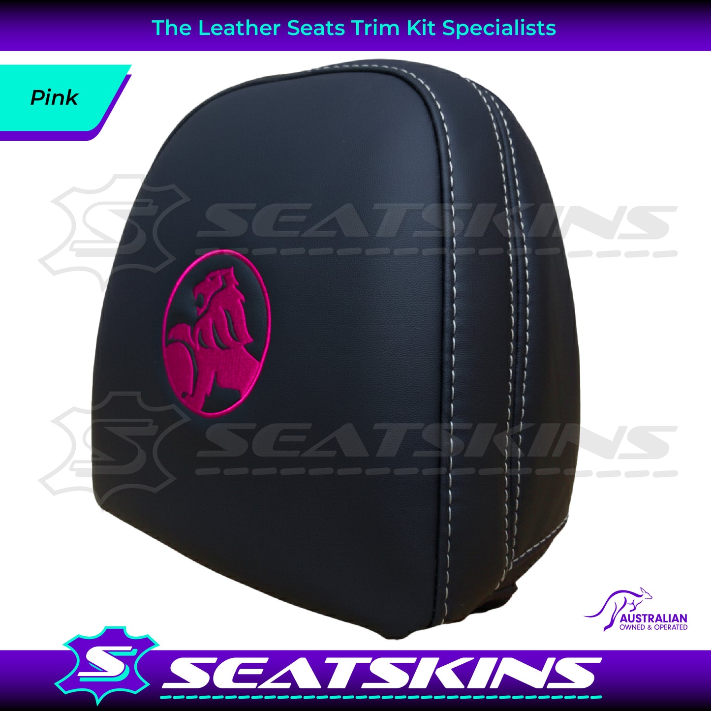 HEADREST COVERS PAIR FOR VF BLACK LEATHERETTE SILVER OR RED STITCH HOLDEN LOGO