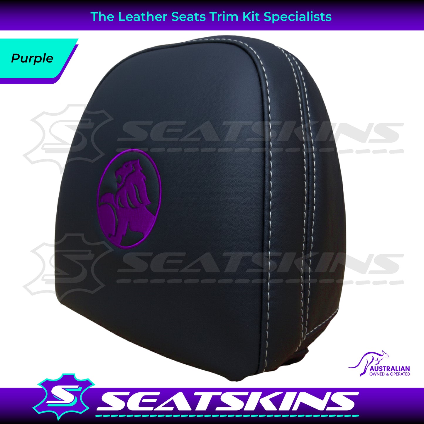 HEADREST COVERS PAIR FOR VF BLACK LEATHERETTE SILVER OR RED STITCH HOLDEN LOGO