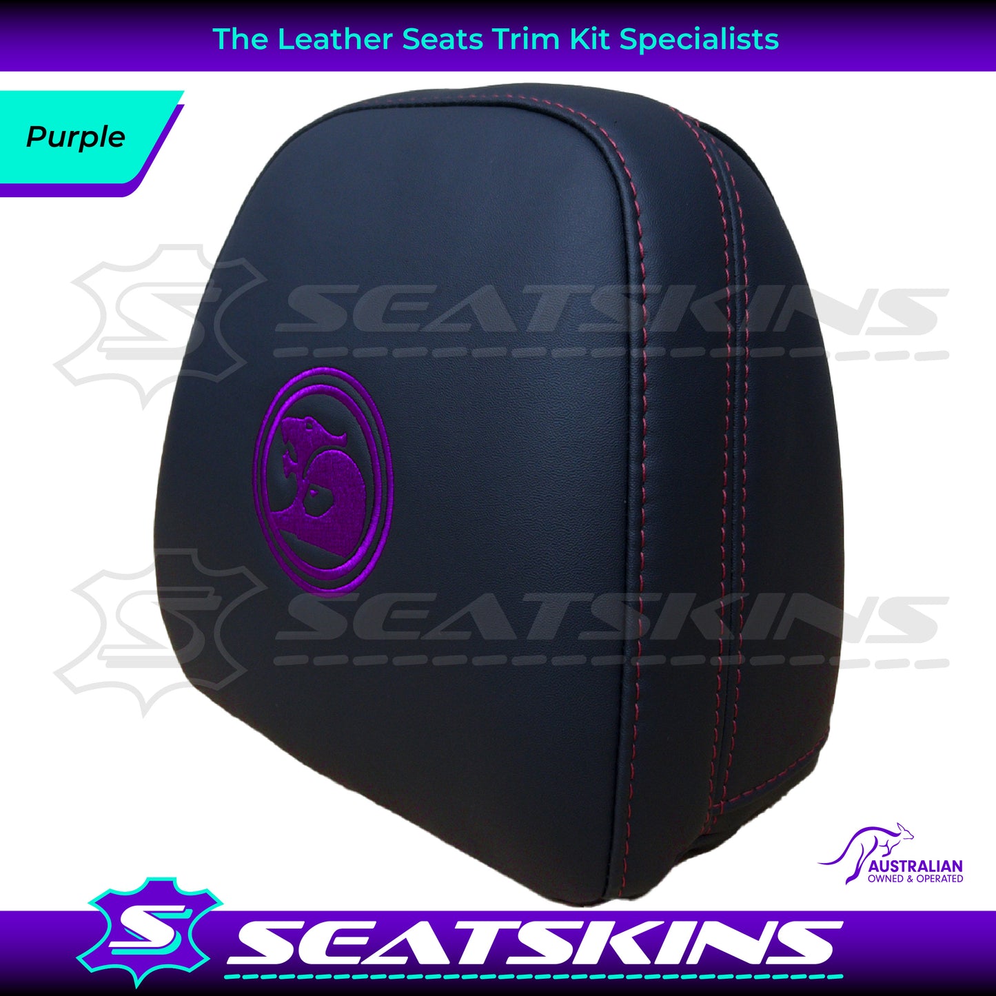 HEADREST COVERS PAIR FOR VF BLACK LEATHERETTE SILVER OR RED STITCH HSV LOGO